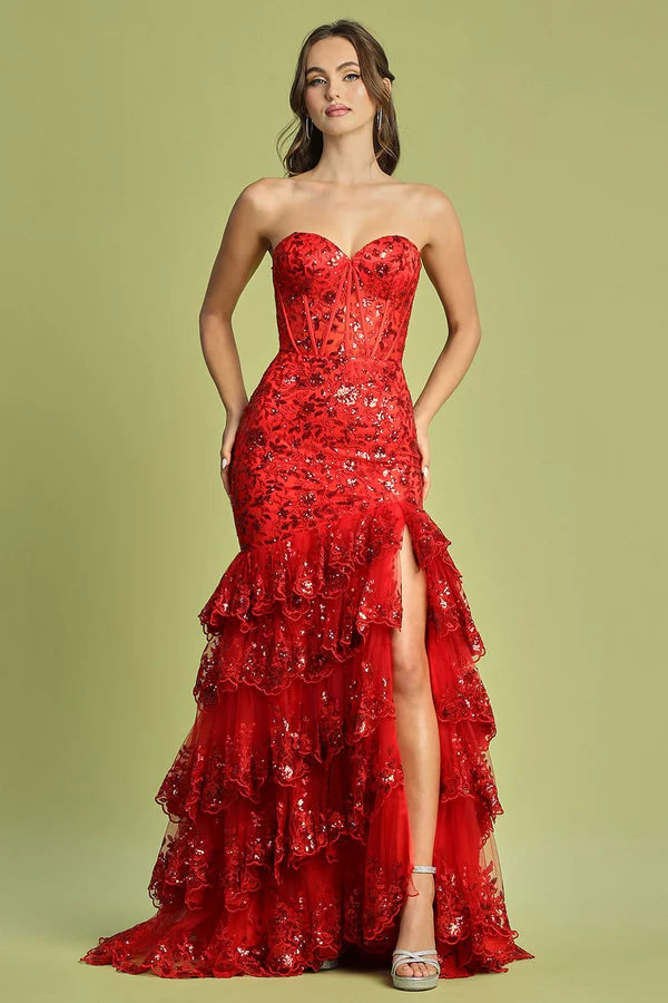 Red Strapless Sequin Tiered Mermaid Evening Dress