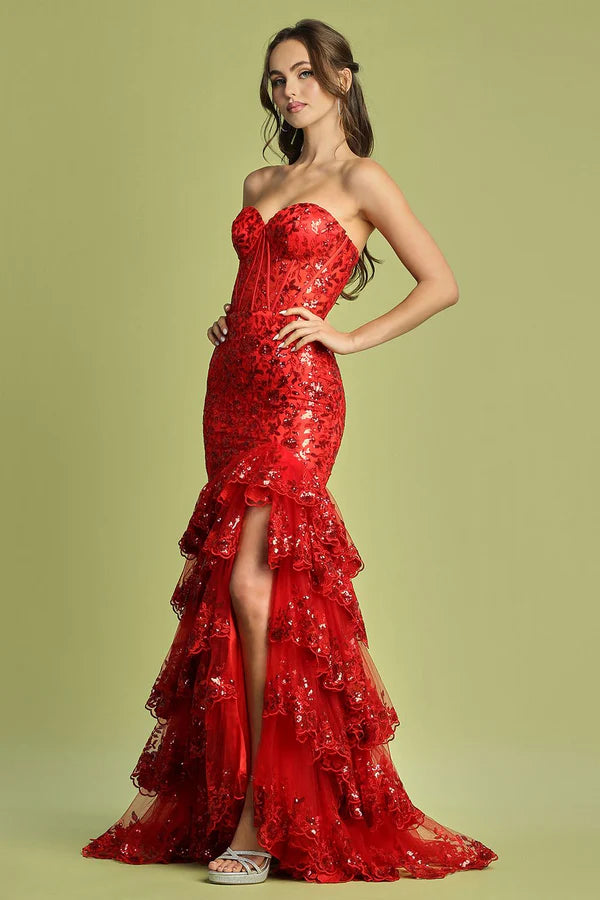 Red Strapless Sequin Tiered Mermaid Evening Dress