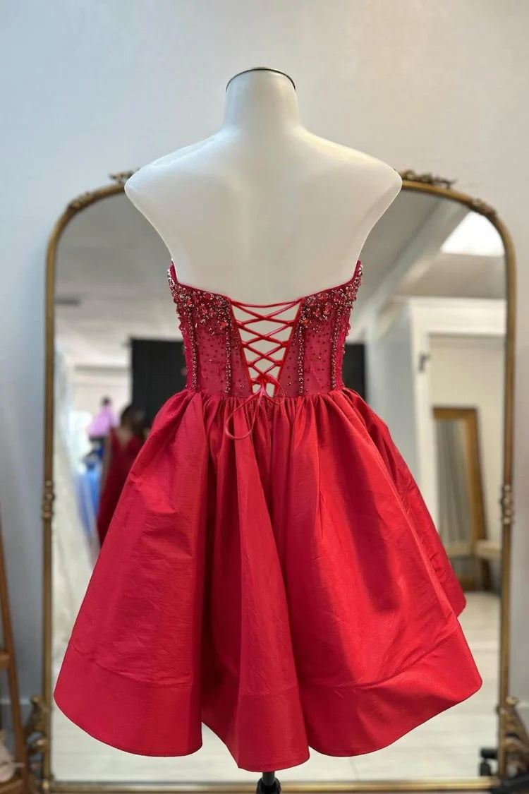 Red Strapless Sweetheart Beaded Lace-Up Flared Homecoming Dresses