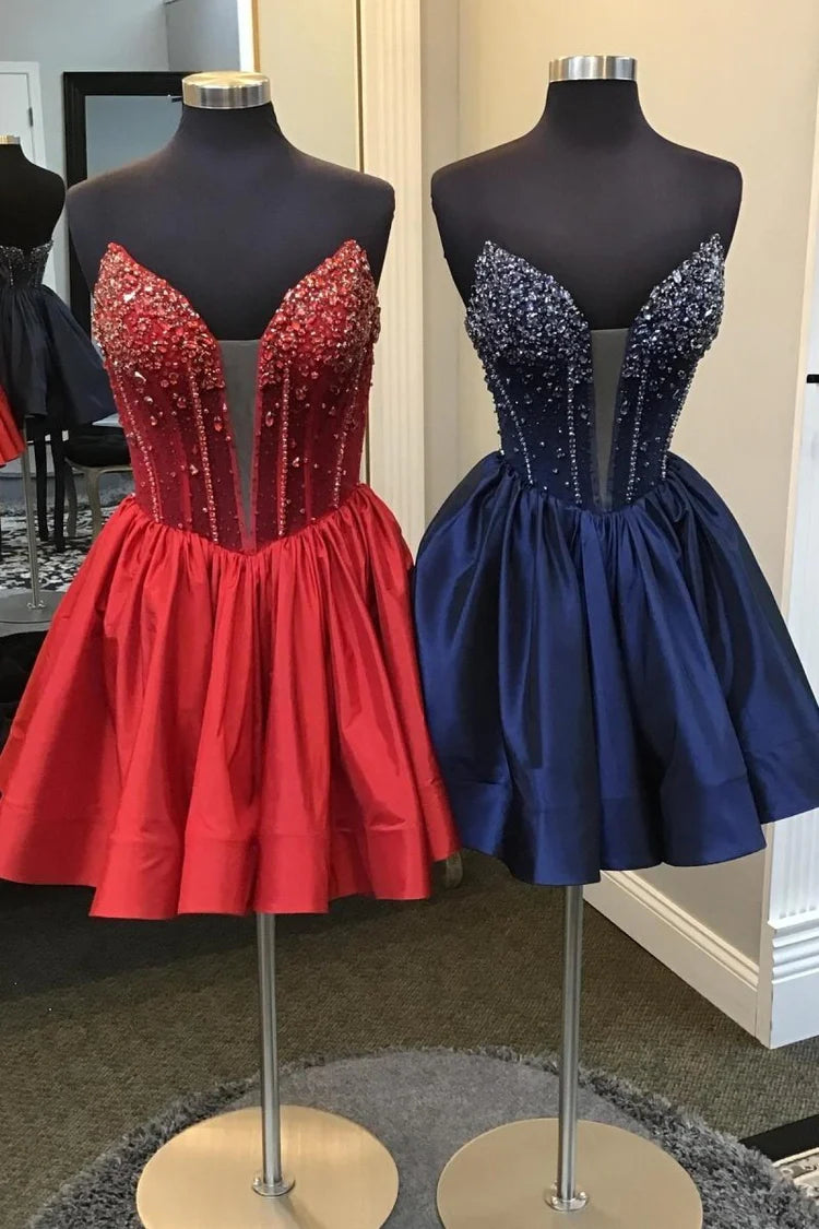 Red Strapless Sweetheart Beaded Lace-Up Flared Homecoming Dresses