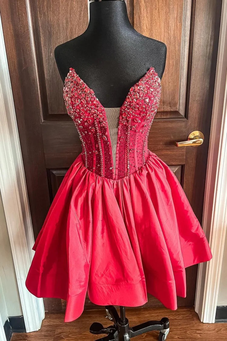 Red Strapless Sweetheart Beaded Lace-Up Flared Homecoming Dresses