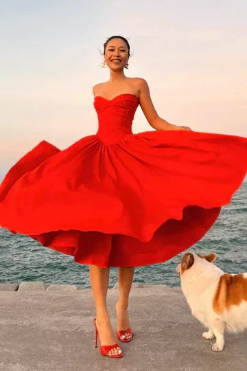 Red Strapless Sweetheart Neckline Flared Midi Dress with Corset Bodice
