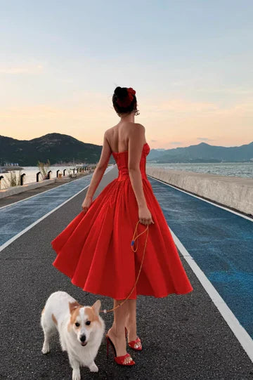 Red Strapless Sweetheart Neckline Flared Midi Dress with Corset Bodice
