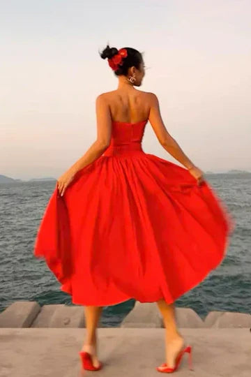 Red Strapless Sweetheart Neckline Flared Midi Dress with Corset Bodice