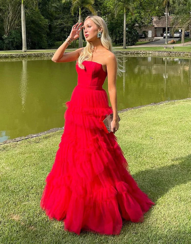 Red Strapless Tiered Ruffle Evening Dresses