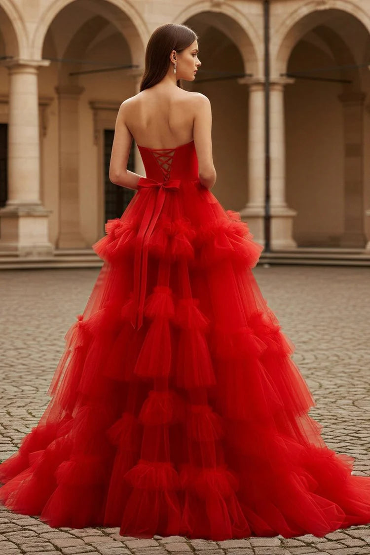 Red Strapless Tiered Ruffle Evening Dresses