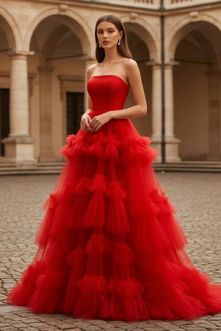 Red Strapless Tiered Ruffle Evening Dresses