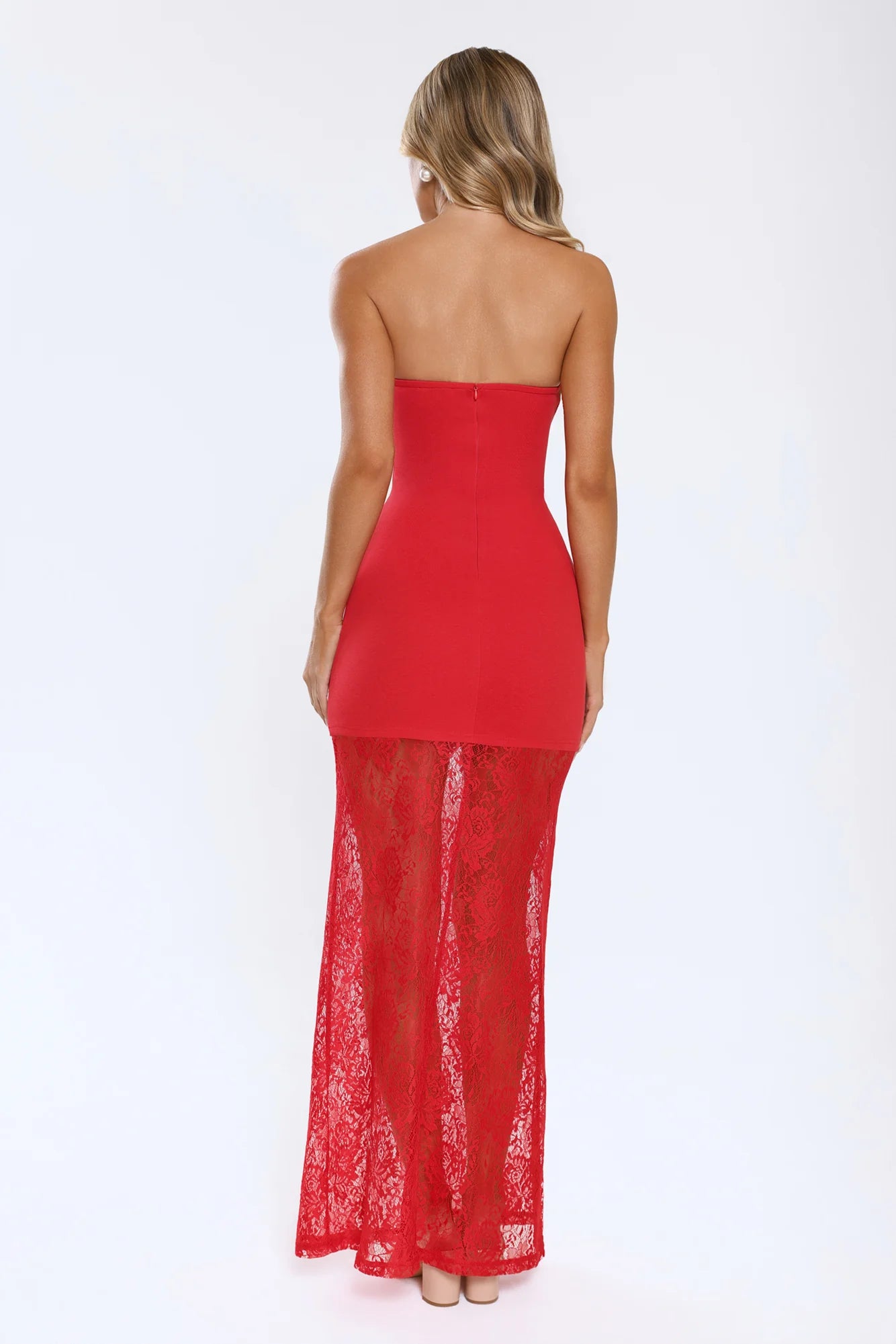 Red Strapless Two-Piece Style Bodycon Top with Sheer Lace Maxi Skirt Evening Dresses