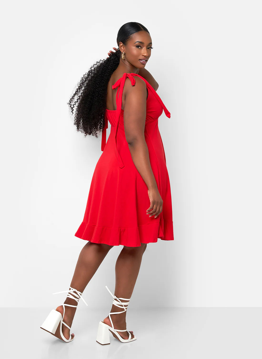 Red Tie Strap V-Neck Ruffle Hem Mini Evening Dresses