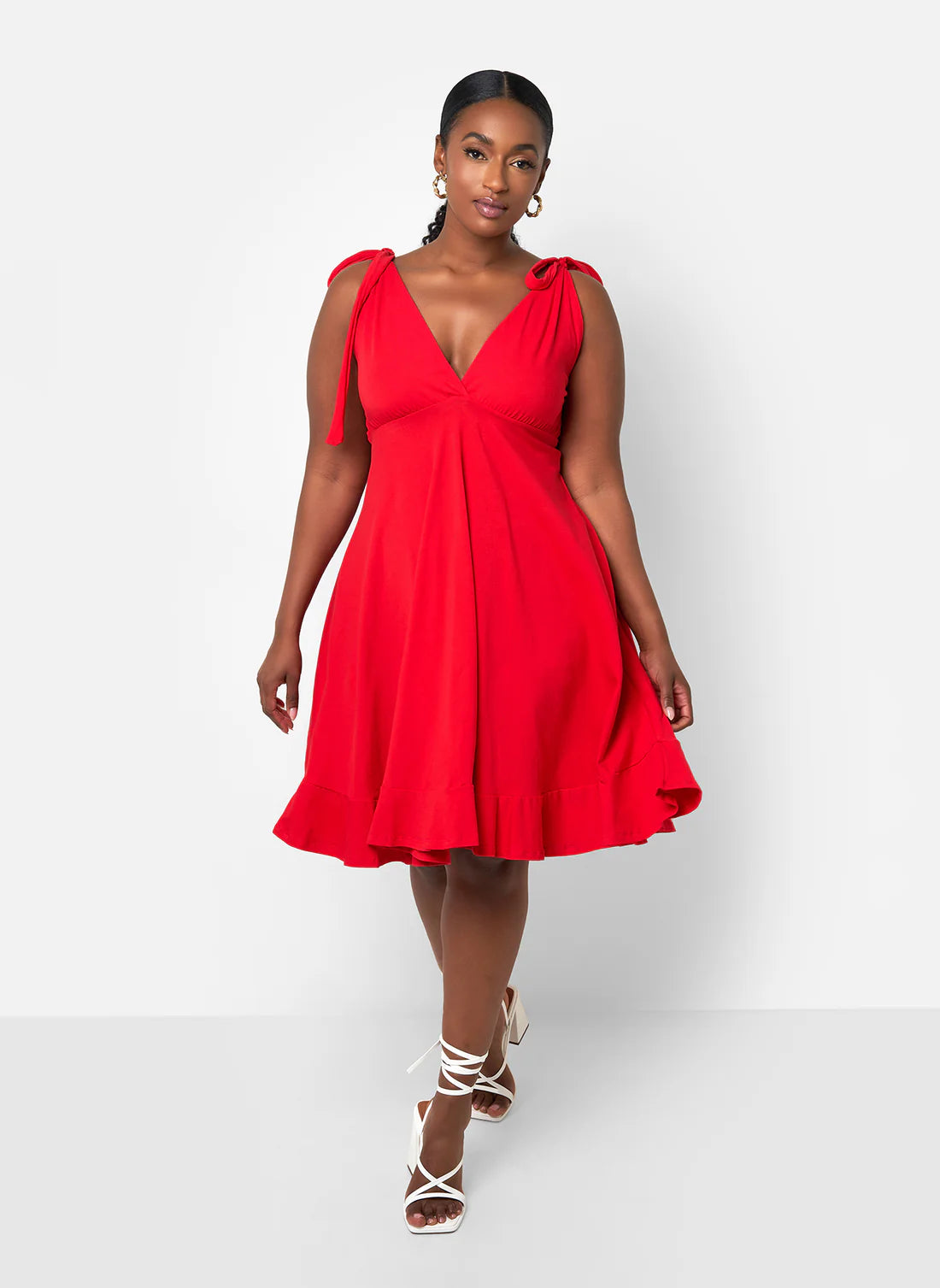 Red Tie Strap V-Neck Ruffle Hem Mini Evening Dresses