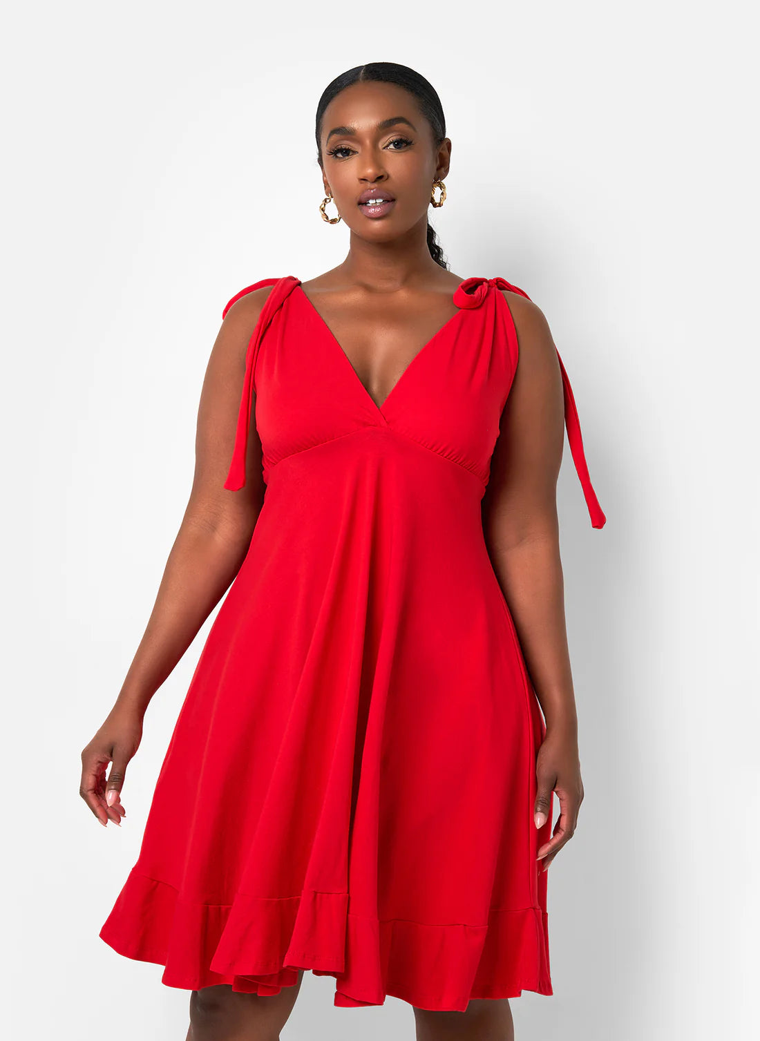 Red Tie Strap V-Neck Ruffle Hem Mini Evening Dresses