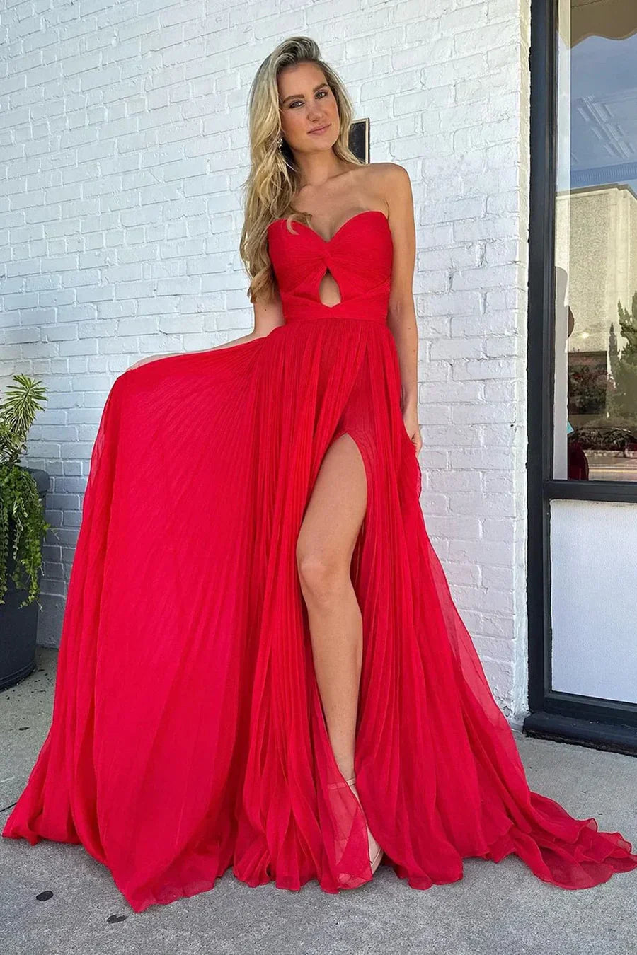 Red Tulle Strapless Cutout A-Line Prom Dress with Slit