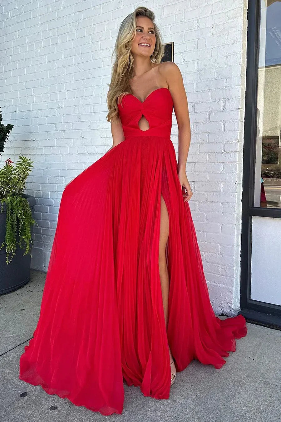 Red Tulle Strapless Cutout A-Line Prom Dress with Slit