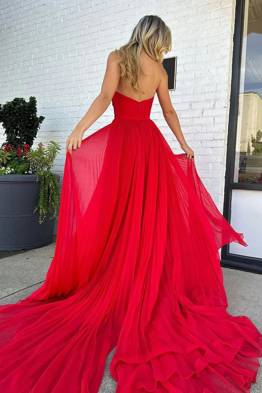 Red Tulle Strapless Cutout A-Line Prom Dress with Slit