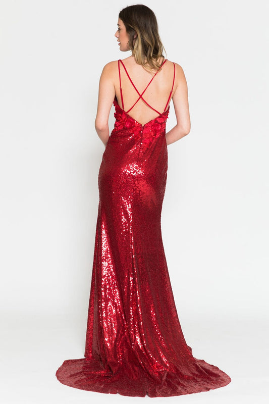 Red V-neck thin suspender sequin dress with high slit and three-dimensional flower