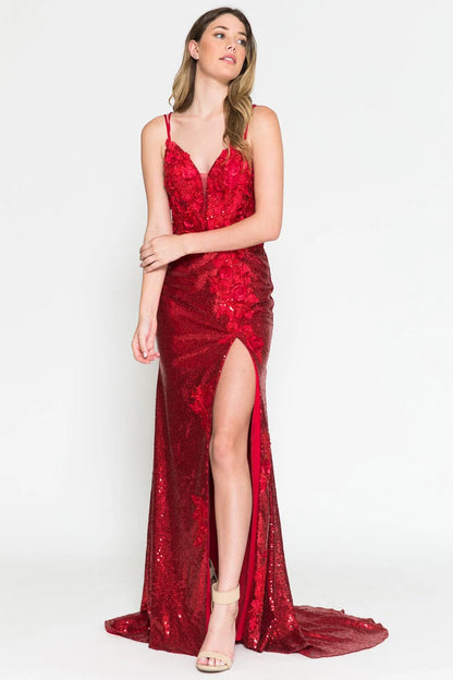Red V-neck thin suspender sequin dress with high slit and three-dimensional flower
