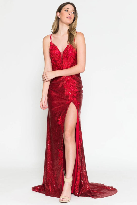 Red V-neck thin suspender sequin dress with high slit and three-dimensional flower