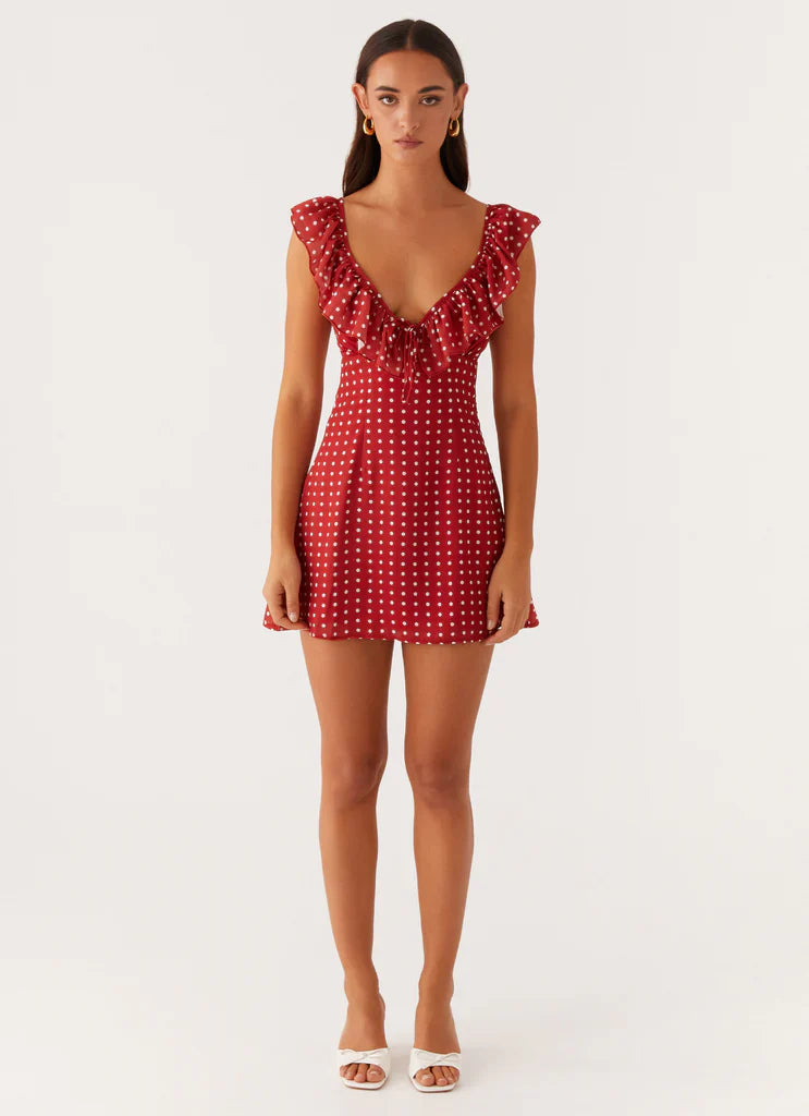 Red White Polka Dot Ruffle Backless Tie Mini Dress For Elegant Casual Party Events