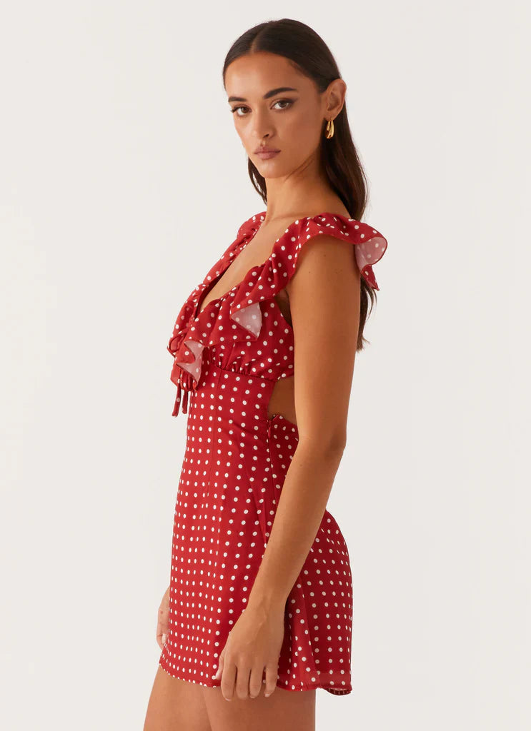 Red White Polka Dot Ruffle Backless Tie Mini Dress For Elegant Casual Party Events