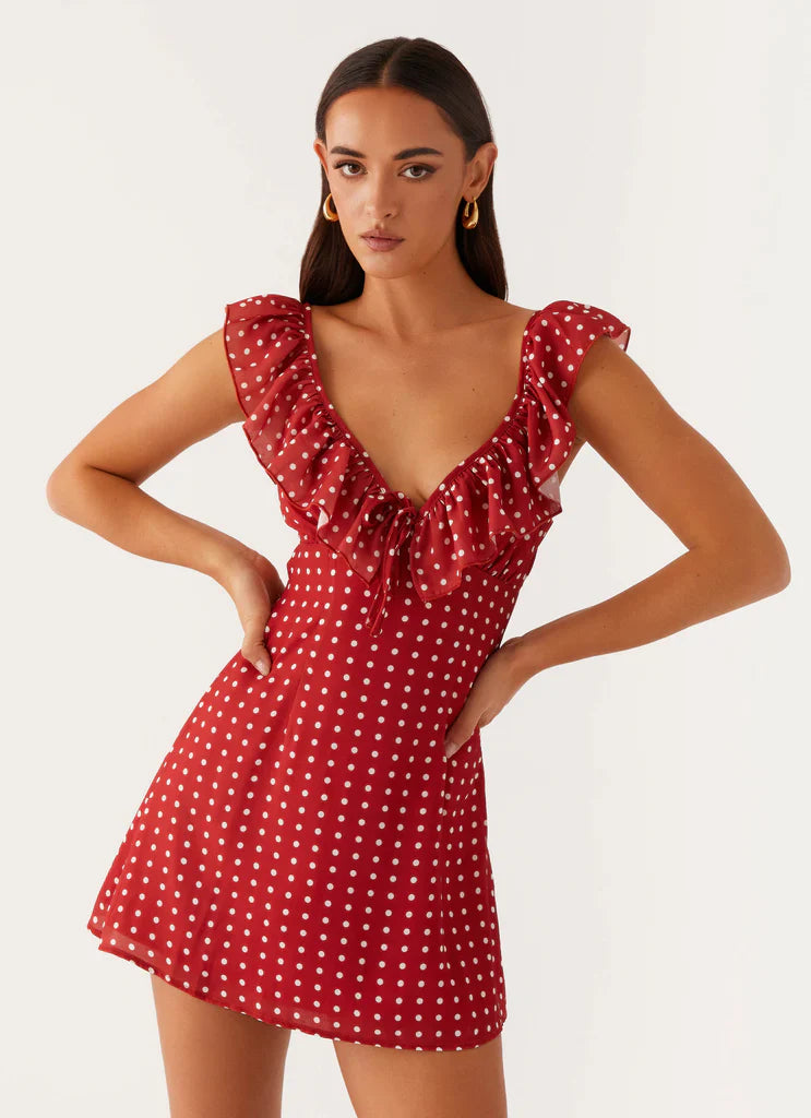 Red White Polka Dot Ruffle Backless Tie Mini Dress For Elegant Casual Party Events