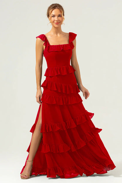 Dark Navy A-Line Square Neck Tiered Long Bridesmaid Dress