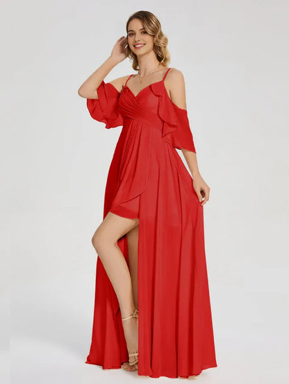 Red chiffon off shoulder spaghetti strap Prom Dresses with asymmetrical hem and ruffles for sale