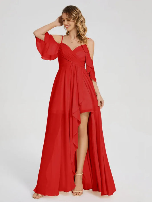 Red chiffon off shoulder spaghetti strap Prom Dresses with asymmetrical hem and ruffles for sale