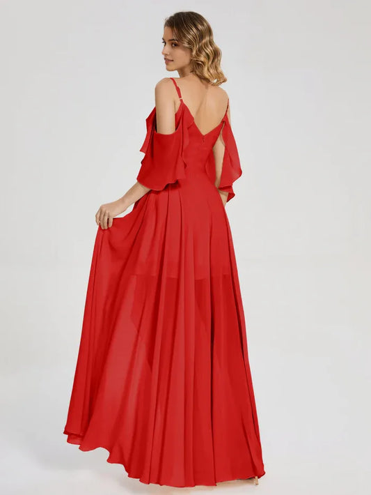 Red chiffon off shoulder spaghetti strap Prom Dresses with asymmetrical hem and ruffles for sale