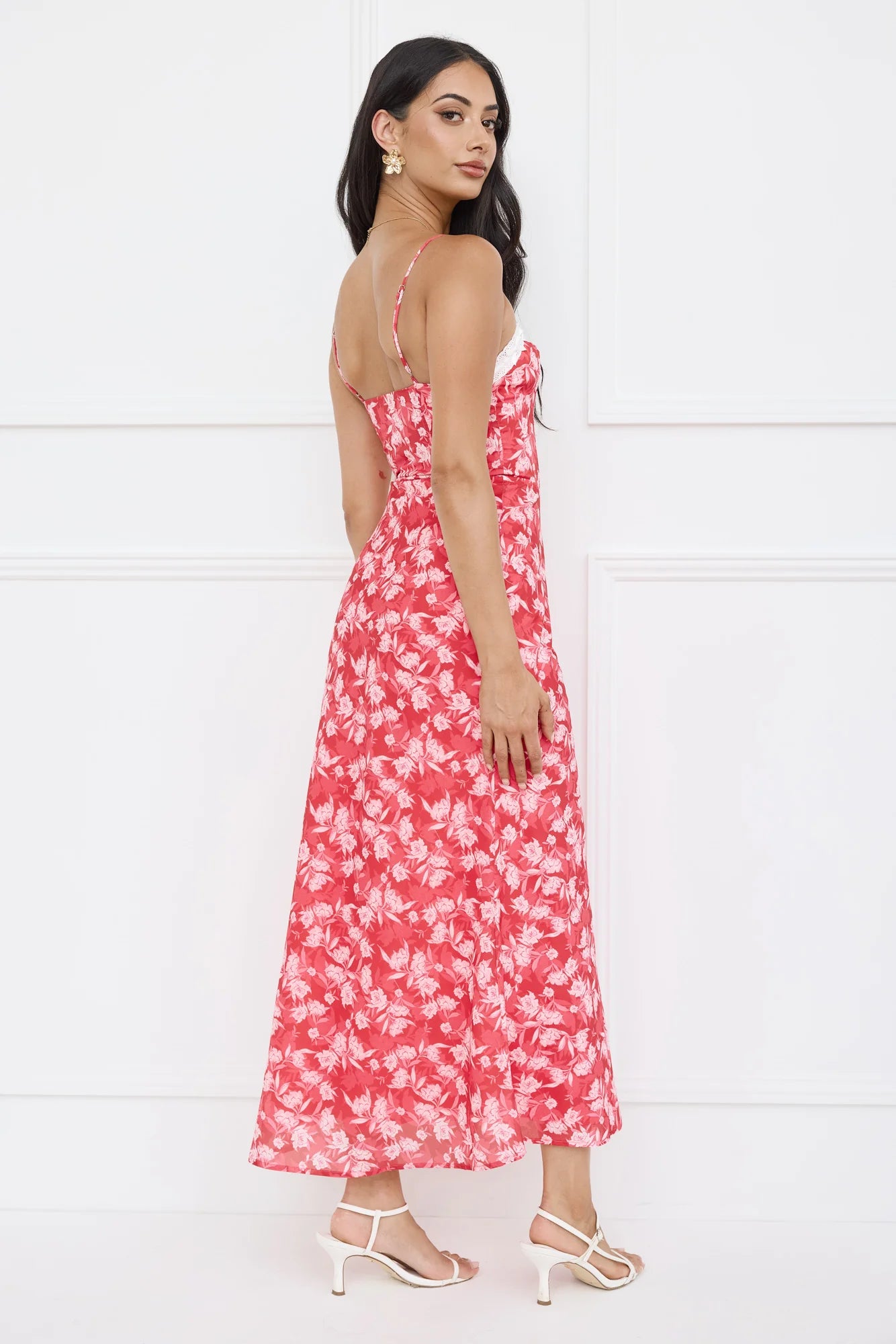 Red Floral Print Lace Trim Spaghetti Strap Midi Evening Dresses