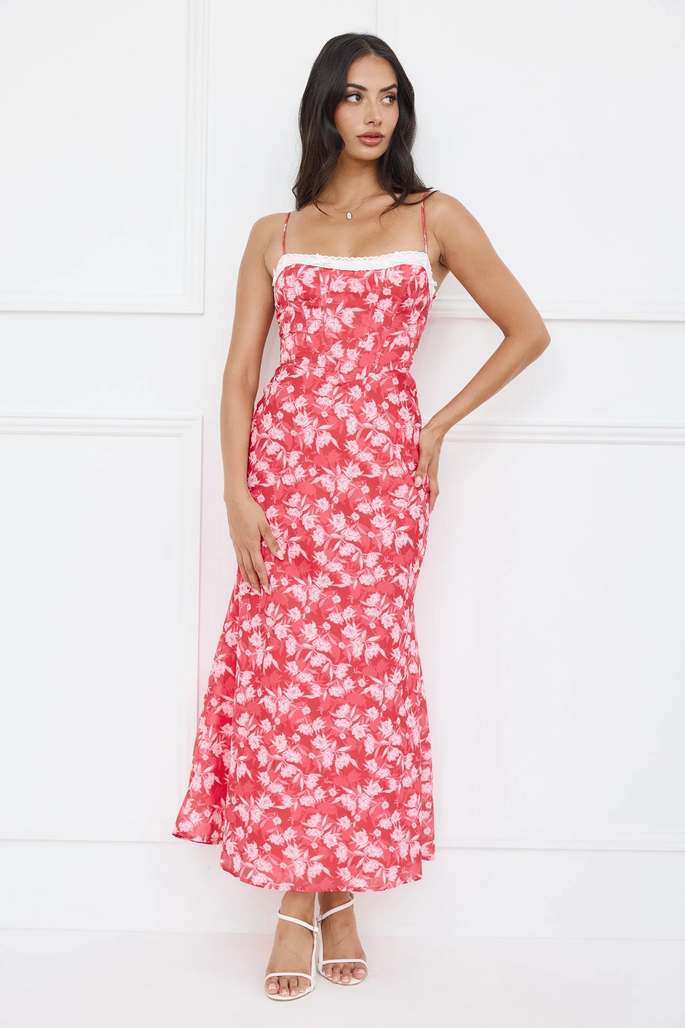 Red Floral Print Lace Trim Spaghetti Strap Midi Evening Dresses