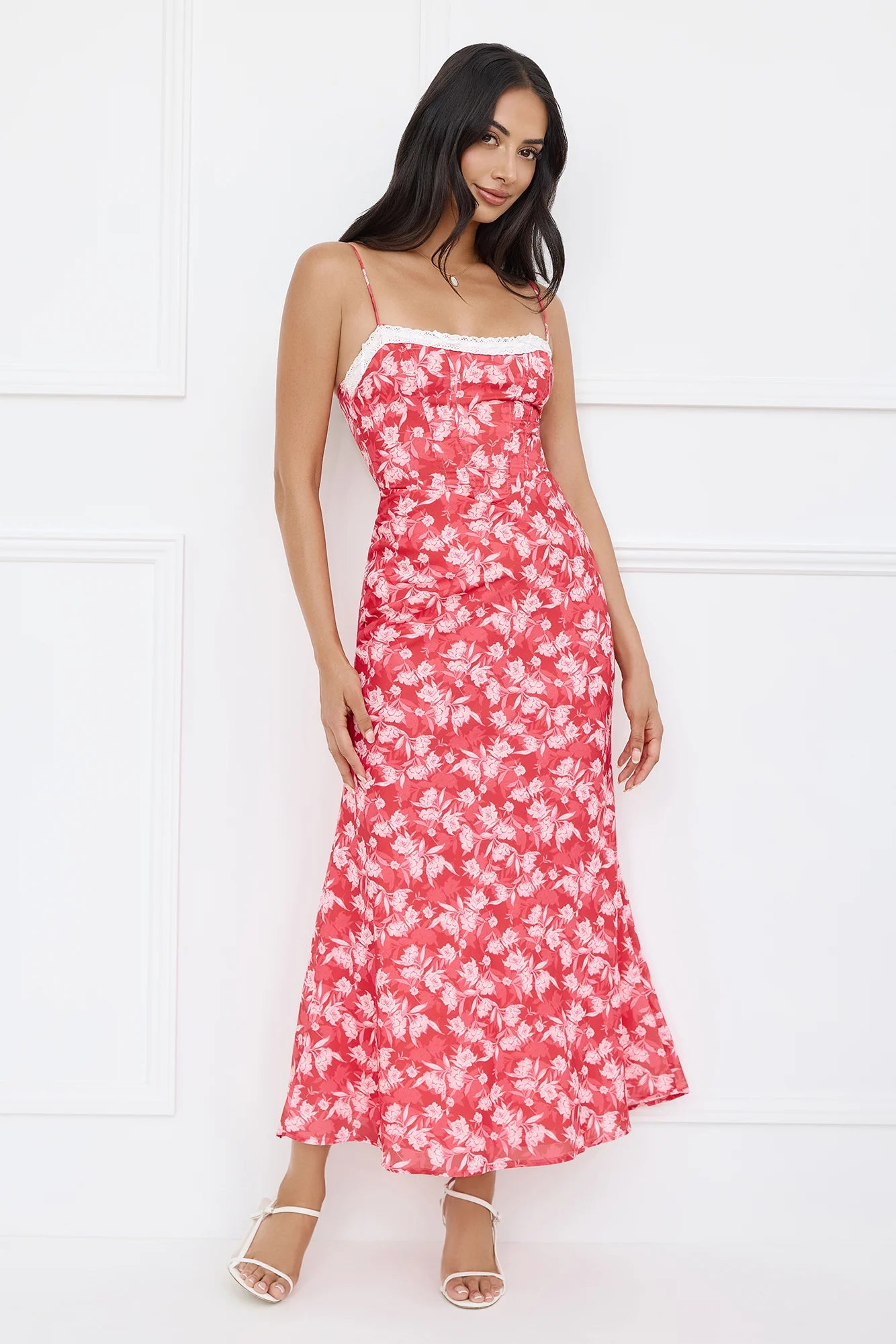 Red Floral Print Lace Trim Spaghetti Strap Midi Evening Dresses