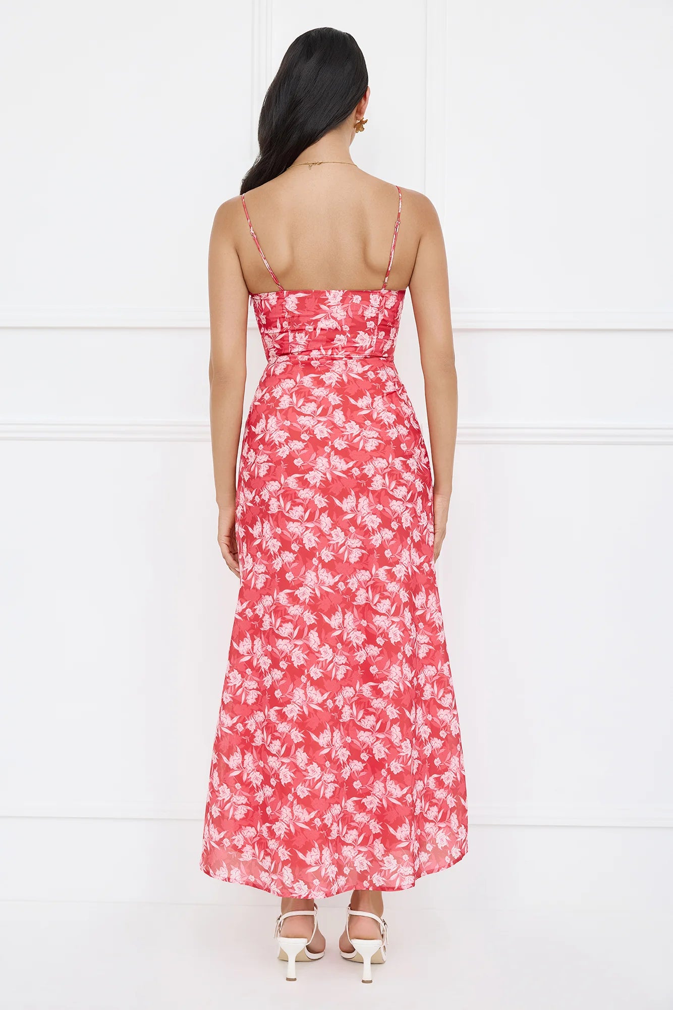 Red Floral Print Lace Trim Spaghetti Strap Midi Evening Dresses
