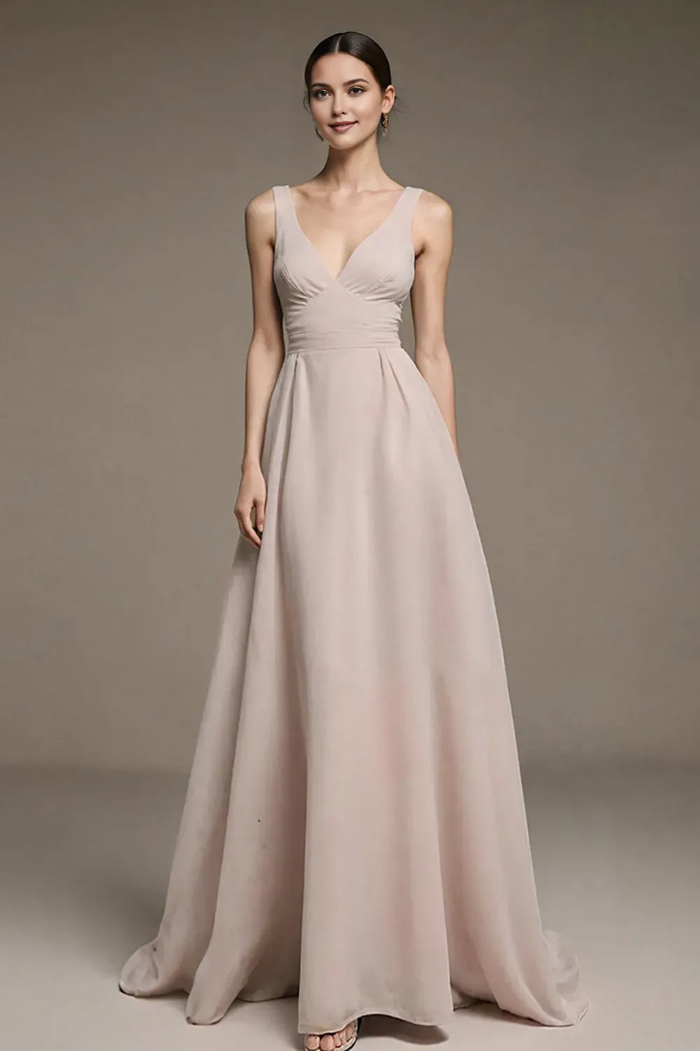 Romantic A-Line Deep-V -Neck Sleeveless V-Back Ruched Floor-Length Prom Dresses for women Hot Sale ﻿