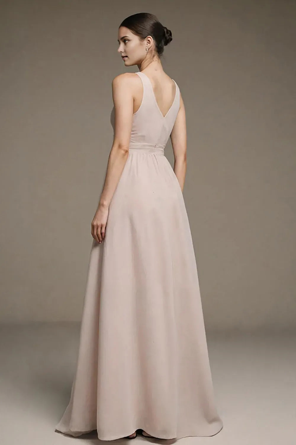 Romantic A-Line Deep-V -Neck Sleeveless V-Back Ruched Floor-Length Prom Dresses for women Hot Sale ﻿