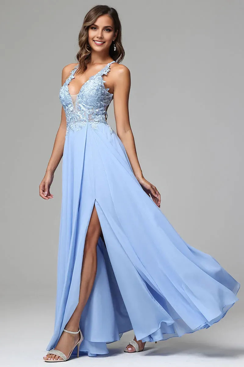 Romantic A-Line Deep-V -Neck Spaghetti Straps Lace Appliqued Lace-Up-Back Floor-Length Prom Dress with slit