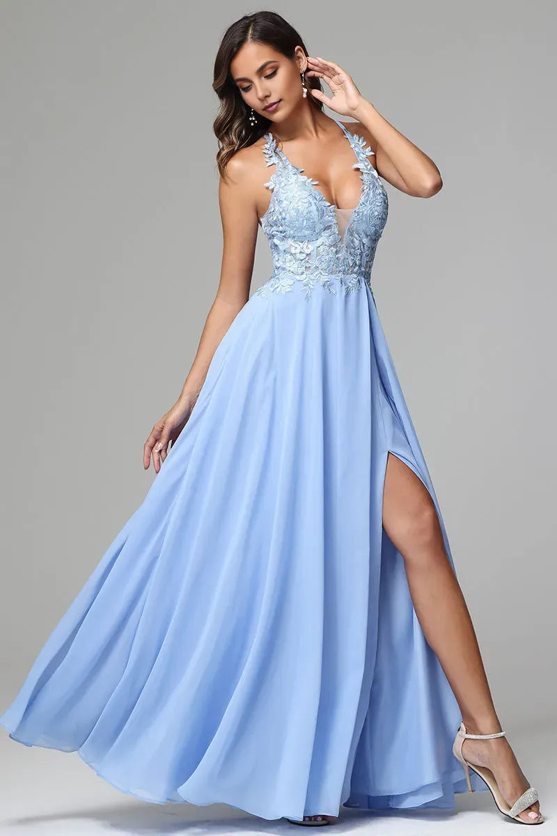 Romantic A-Line Deep-V -Neck Spaghetti Straps Lace Appliqued Lace-Up-Back Floor-Length Prom Dress with slit