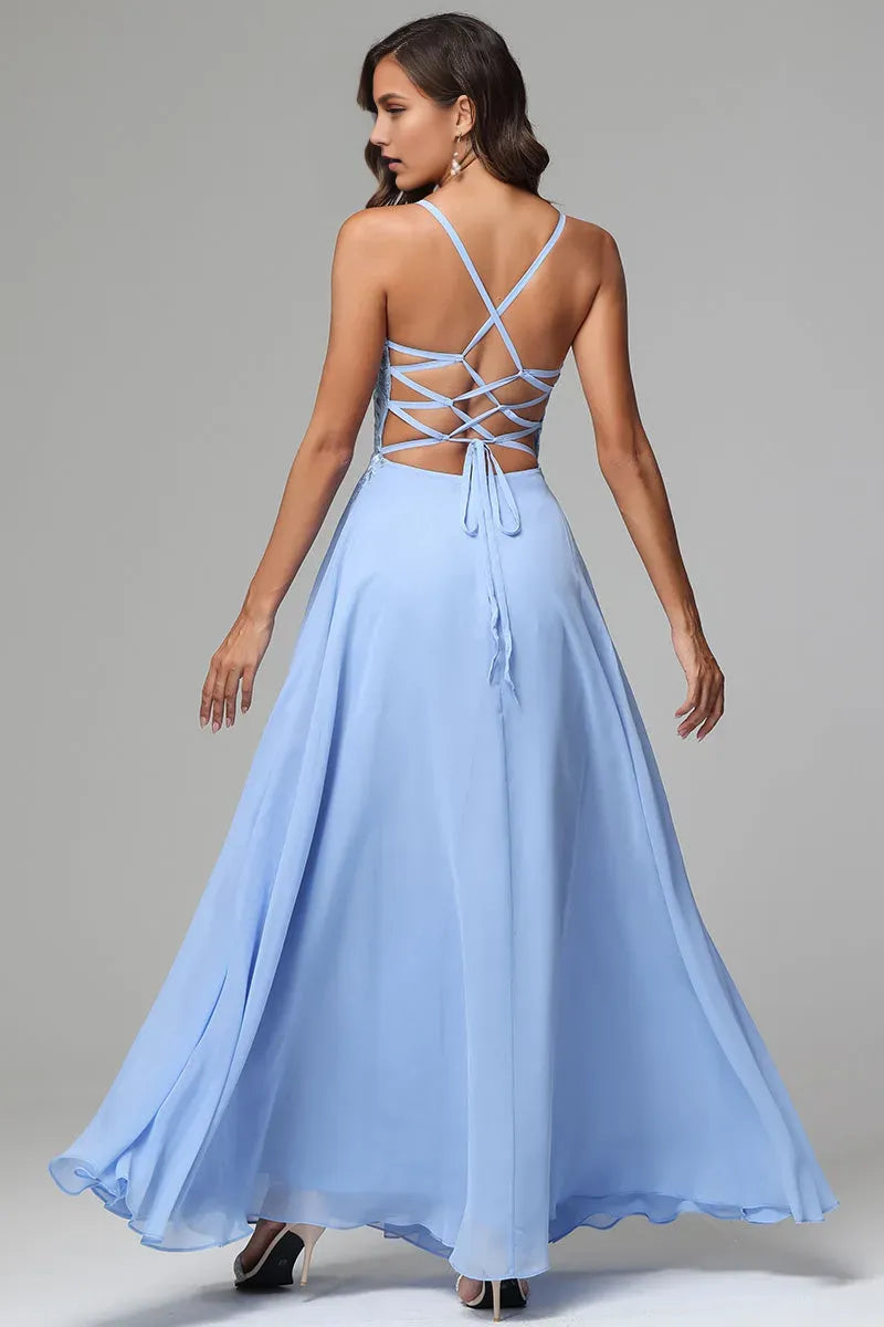 Romantic A-Line Deep-V -Neck Spaghetti Straps Lace Appliqued Lace-Up-Back Floor-Length Prom Dress with slit