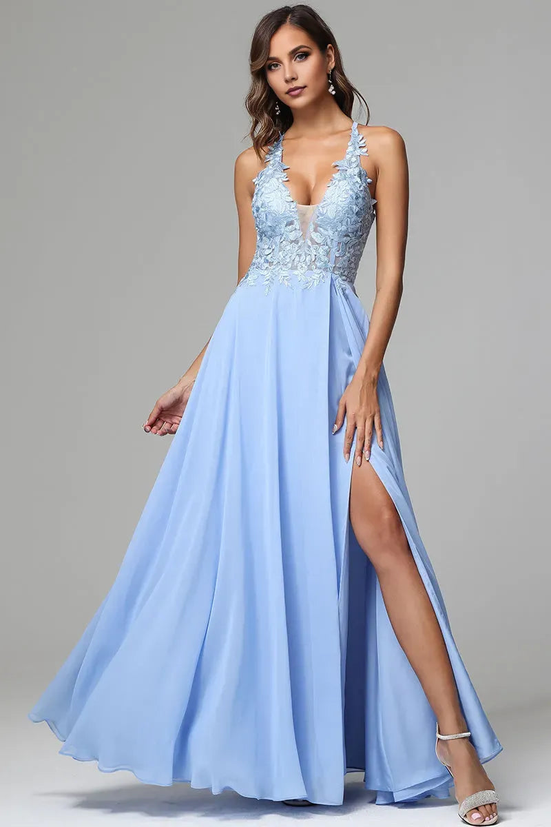 Romantic A-Line Deep-V -Neck Spaghetti Straps Lace Appliqued Lace-Up-Back Floor-Length Prom Dress with slit
