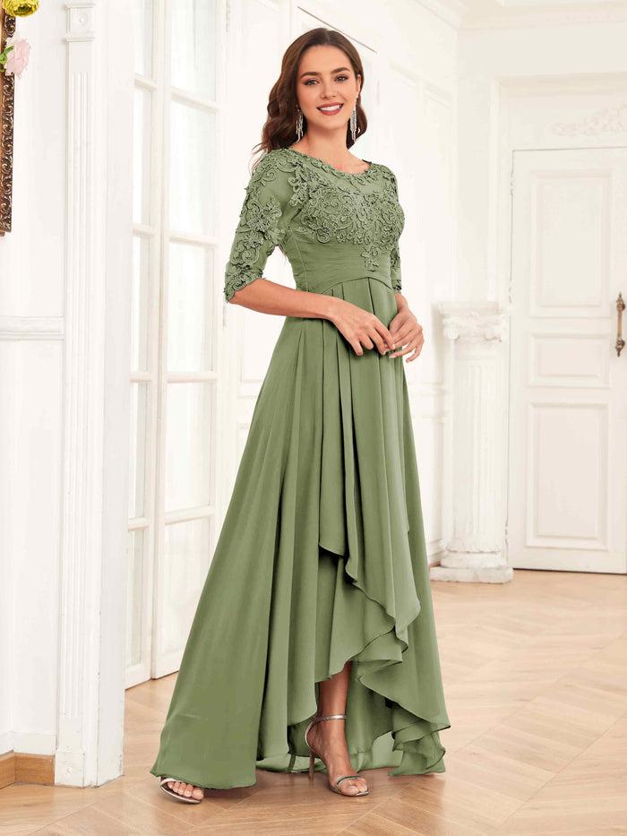 Romantic A-Line Illusion-Neck Half-Sleeve Lace-Up-Back High-Low Ruched Appliques Mother of the Bride Dresses