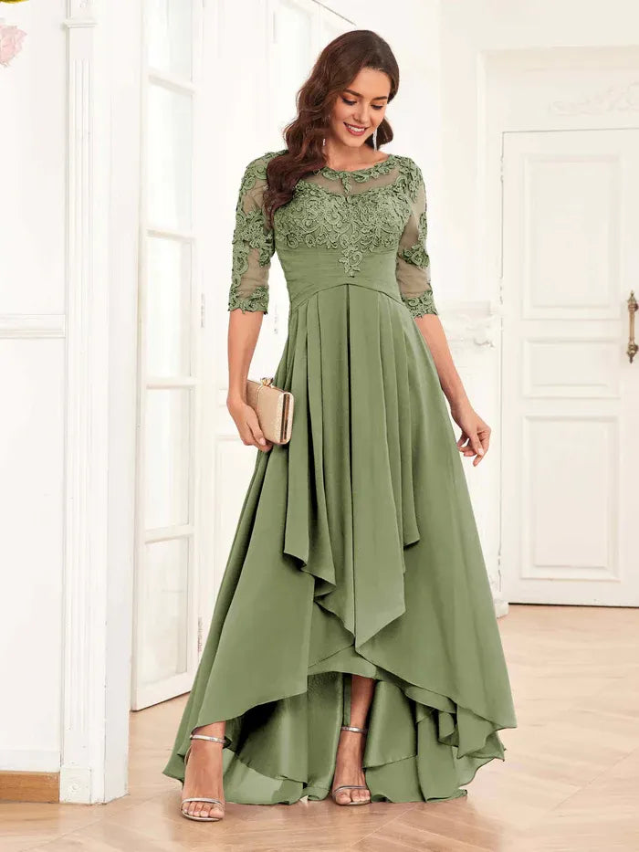 Romantic A-Line Illusion-Neck Half-Sleeve Lace-Up-Back High-Low Ruched Appliques Mother of the Bride Dresses