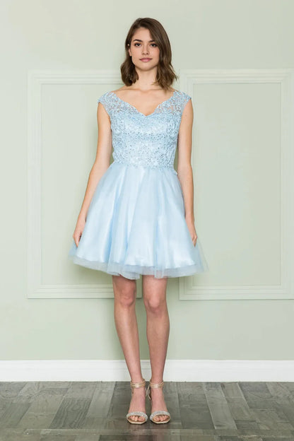 Romantic A-Line Lace Applique V-neck Sleeveless Lace Up Short-Mini Homecoming Dress for bride hot sale