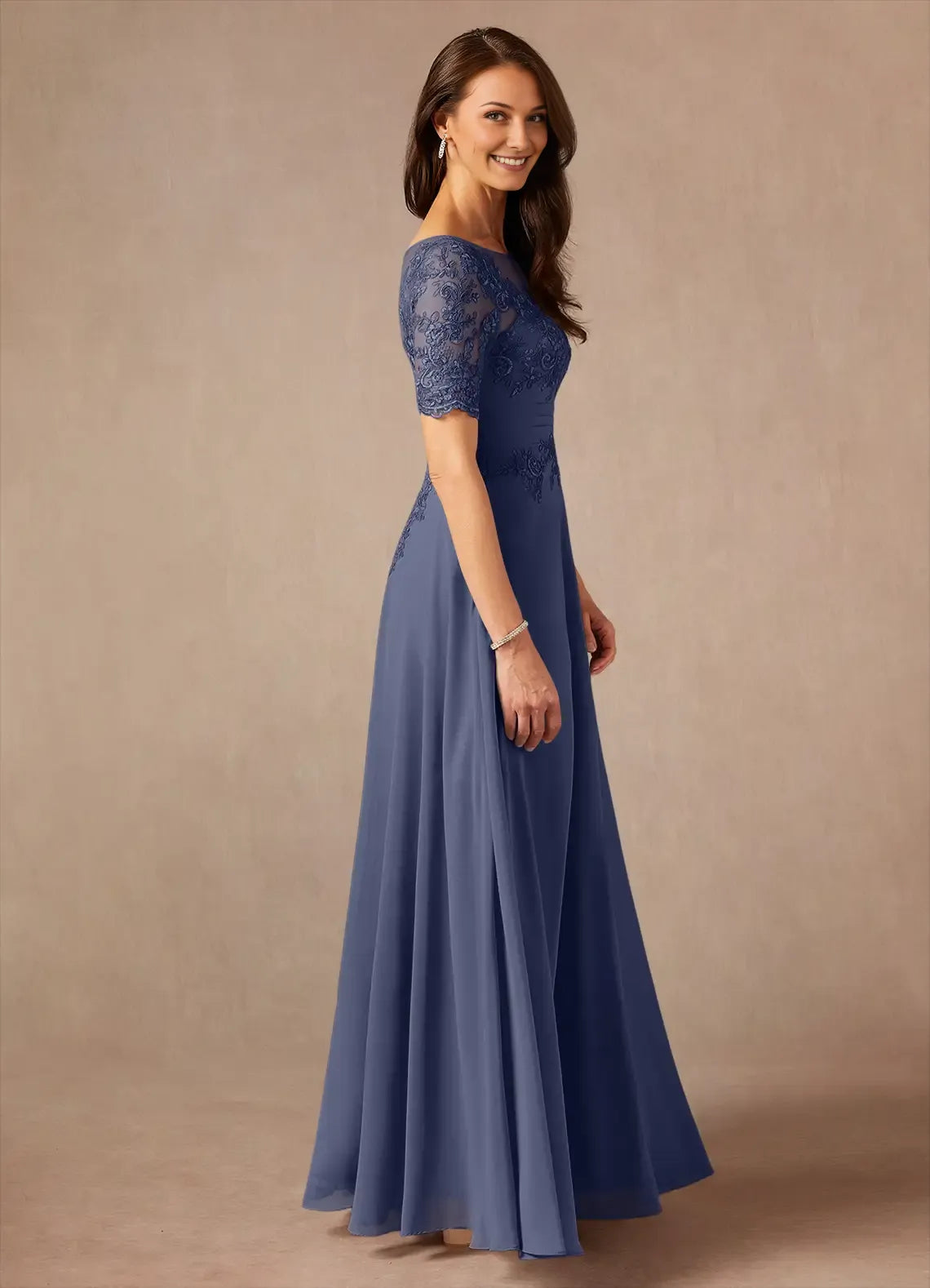 Romantic A-Line Lace Chiffon Illusion Scoop Neck short sleeves  Illusion Back Zip Floor-Length Mother of the Bride Dress for ladies for sale