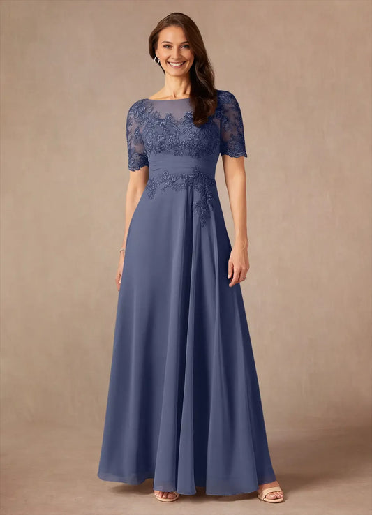Romantic A-Line Lace Chiffon Illusion Scoop Neck short sleeves  Illusion Back Zip Floor-Length Mother of the Bride Dress for ladies for sale