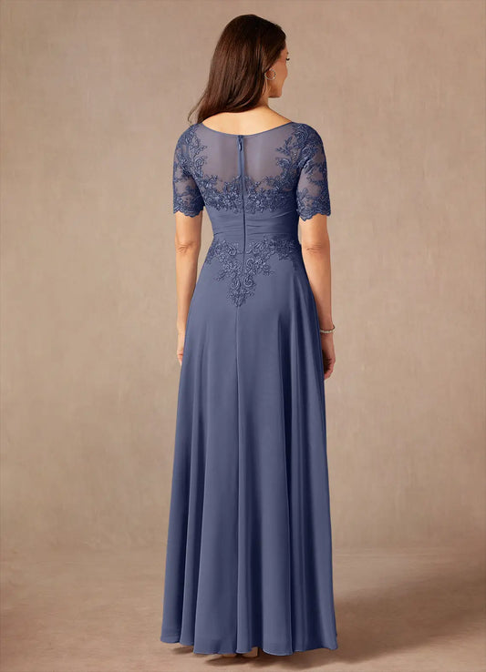 Romantic A-Line Lace Chiffon Illusion Scoop Neck short sleeves  Illusion Back Zip Floor-Length Mother of the Bride Dress for ladies for sale