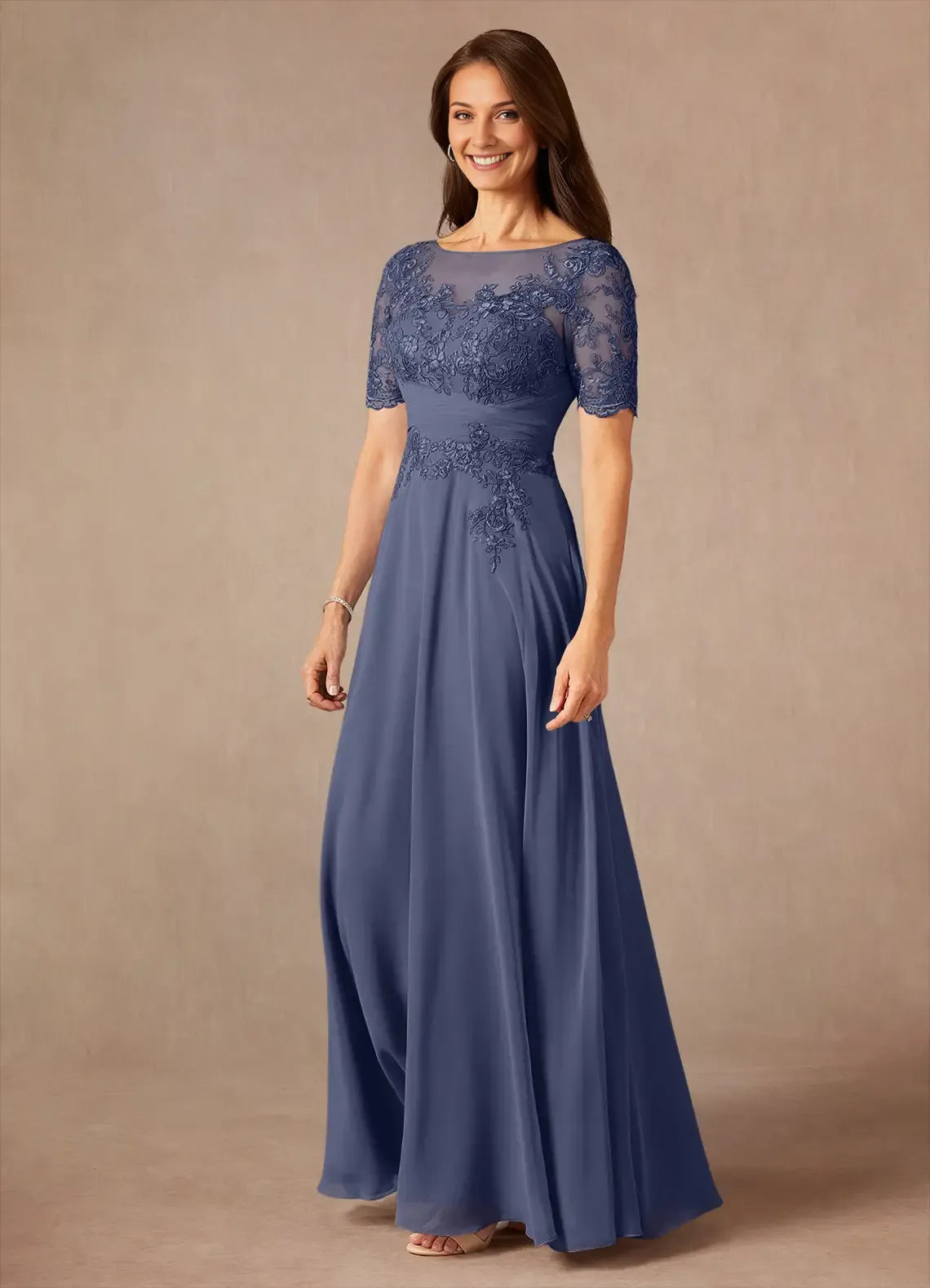 Romantic A-Line Lace Chiffon Illusion Scoop Neck short sleeves  Illusion Back Zip Floor-Length Mother of the Bride Dress for ladies for sale