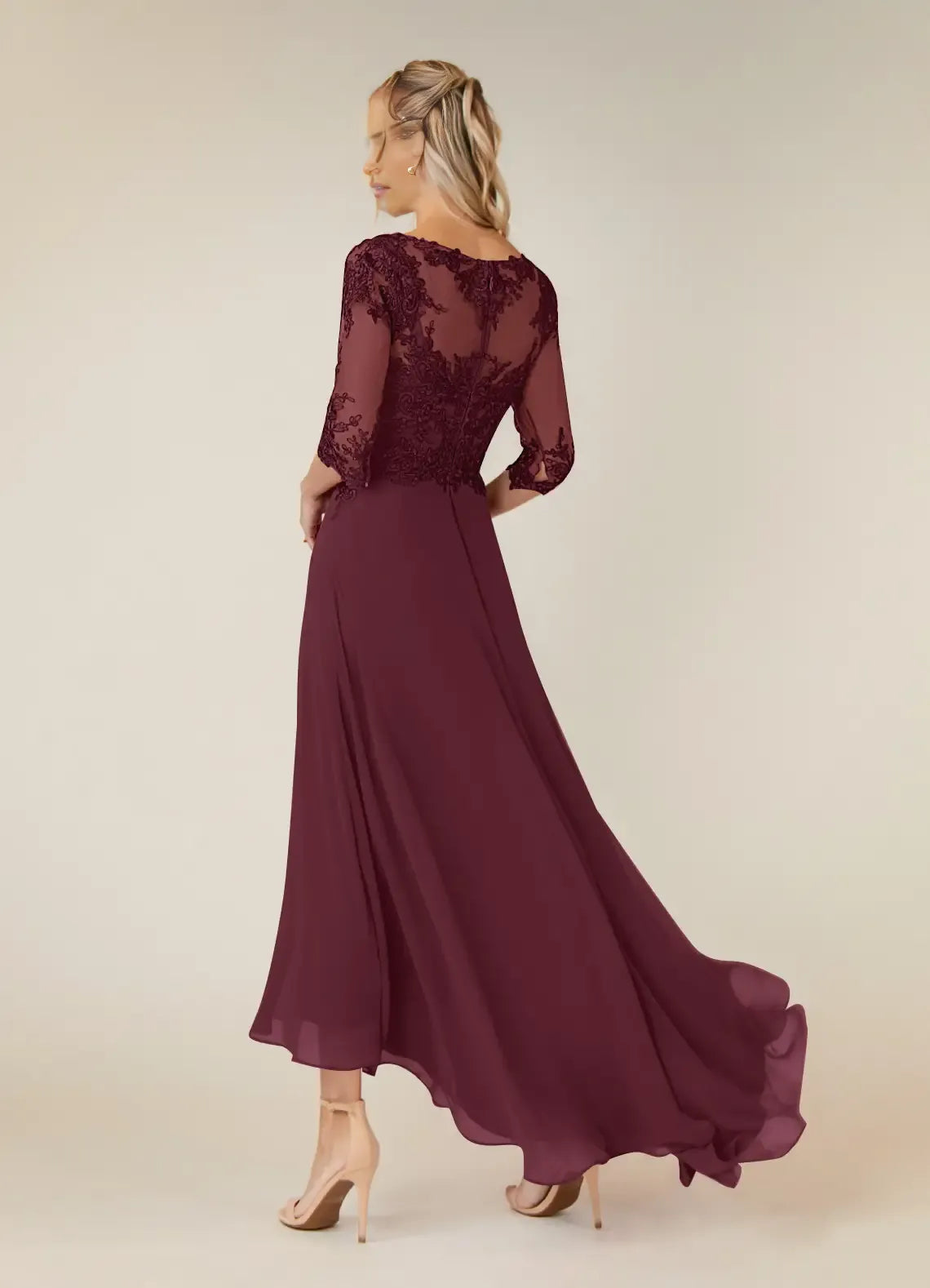 Romantic  A-Line Lace Scoop Neck Three-Quarter Sleeve Illusion Back Zip Asymmetrical Mother of the Bride Dress hot sale