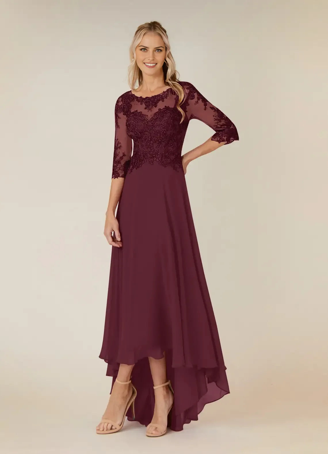 Romantic  A-Line Lace Scoop Neck Three-Quarter Sleeve Illusion Back Zip Asymmetrical Mother of the Bride Dress hot sale