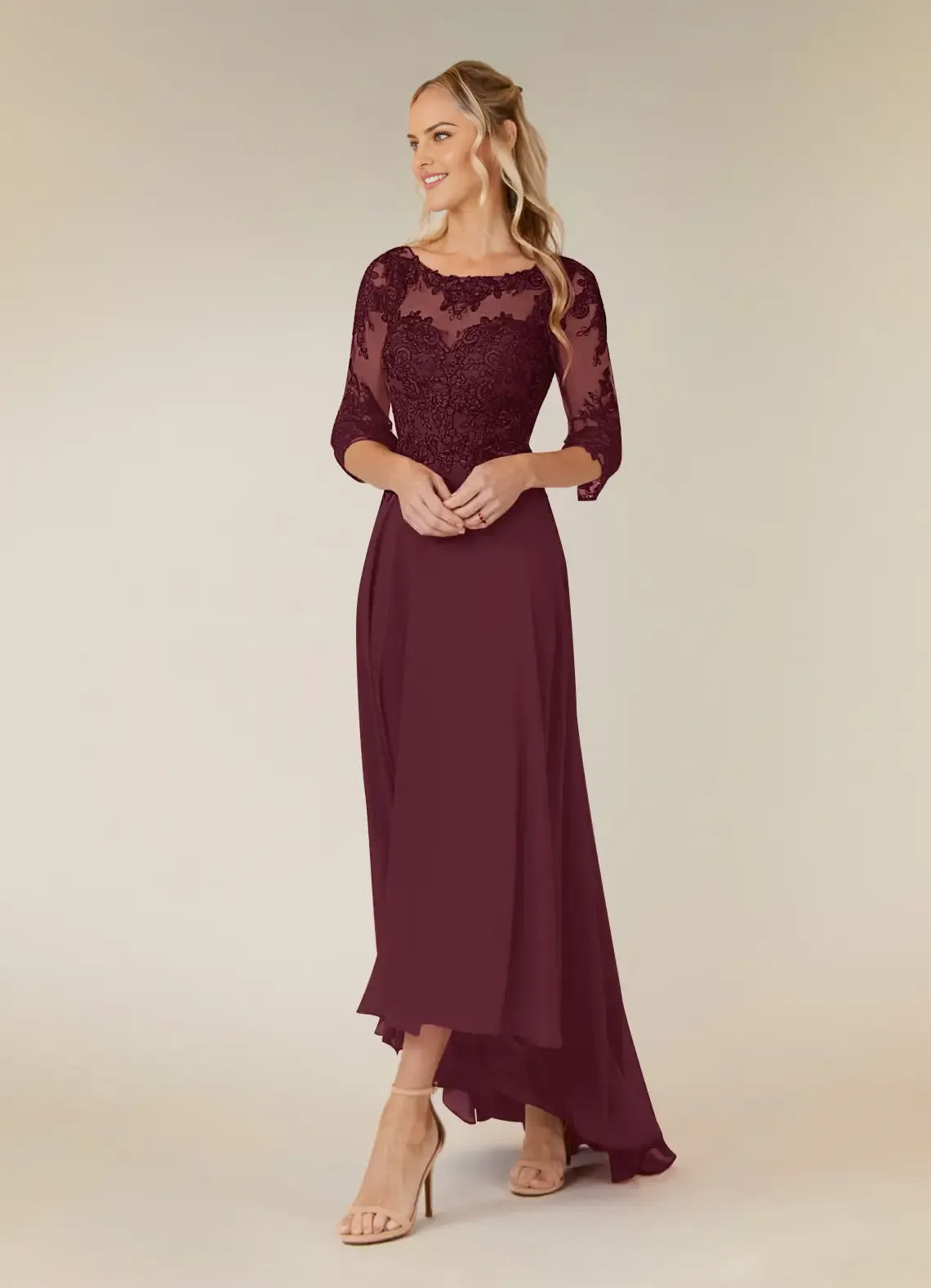 Romantic  A-Line Lace Scoop Neck Three-Quarter Sleeve Illusion Back Zip Asymmetrical Mother of the Bride Dress hot sale