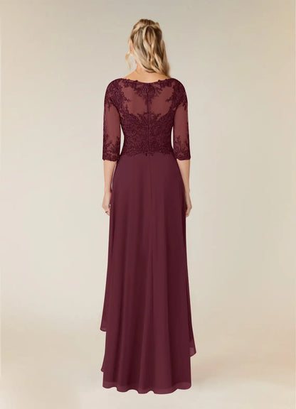 Romantic  A-Line Lace Scoop Neck Three-Quarter Sleeve Illusion Back Zip Asymmetrical Mother of the Bride Dress hot sale