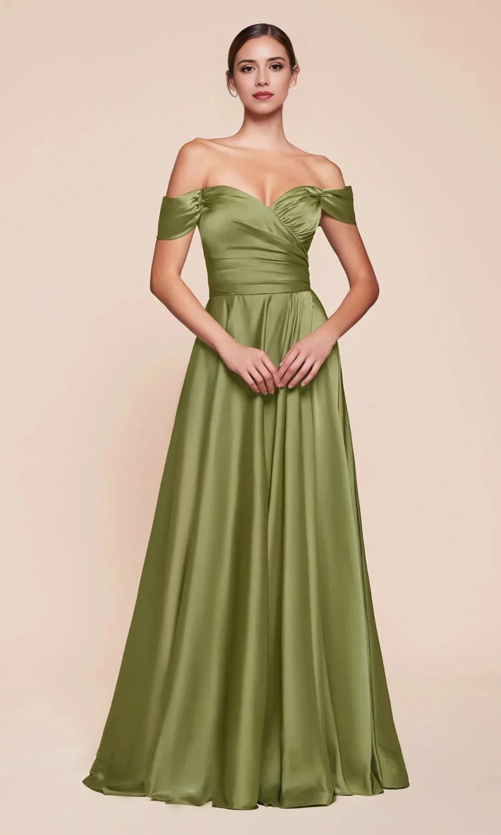 Romantic A-Line Off the Shoulder Sleeveless Draped Satin High Slit Floor-Length Prom Dresses